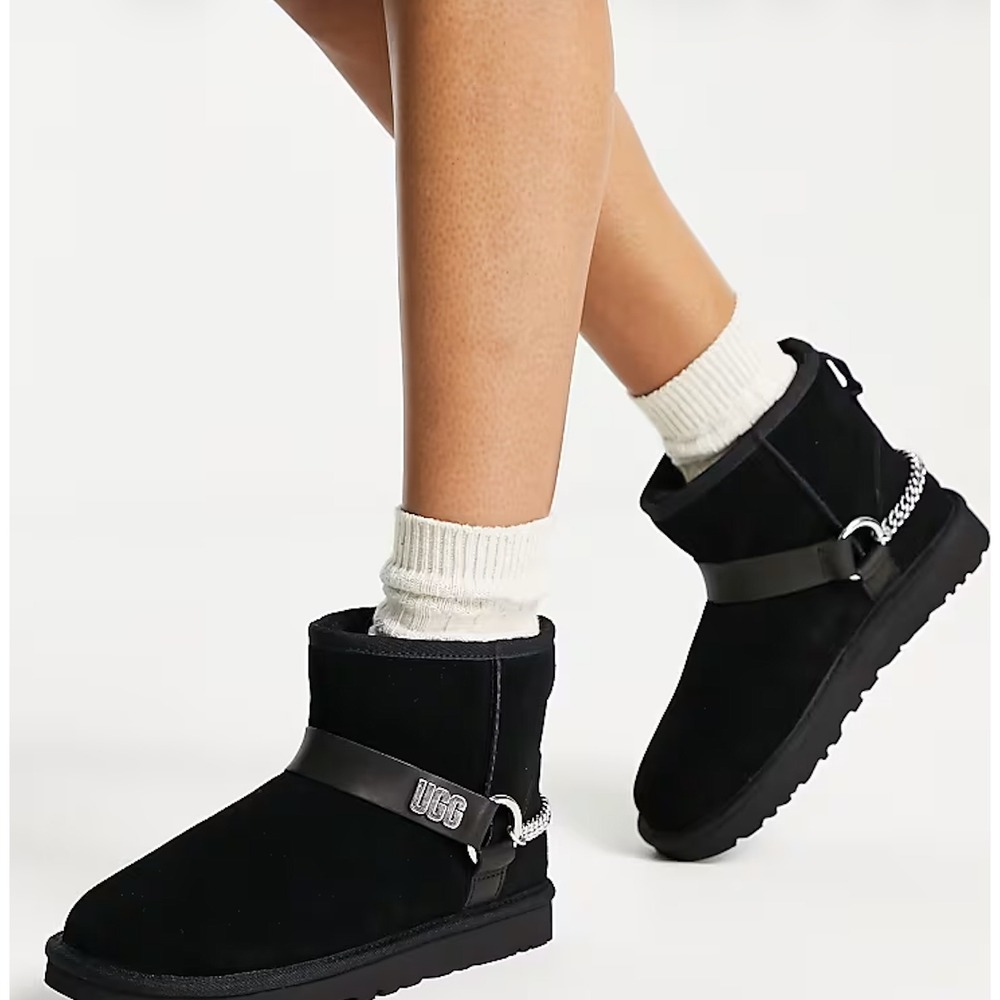 UGG Classic Mini Chain Boots Women 9 Black Suede Leather Strap Silver Hardware